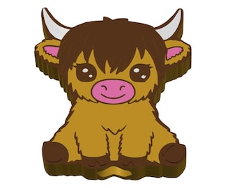 May include: A cartoon-style Highland cow figurine. The cow has a brown body, a brown fringe, and white horns. Its ears are pink, and it has a pink mouth. The cow is sitting down with its legs tucked in.