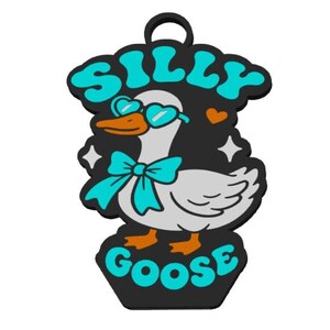 May include: A black and white cartoon goose with teal accents. The goose wears heart-shaped sunglasses and a bow tie. The words "SILLY GOOSE" are written in teal, with a heart and star accents.