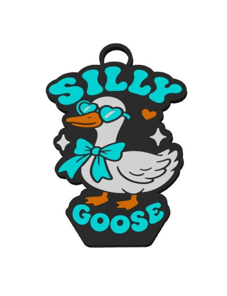 May include: A black and white cartoon goose with teal accents. The goose wears heart-shaped sunglasses and a bow tie. The words "SILLY GOOSE" are written in teal, with a heart and star accents.