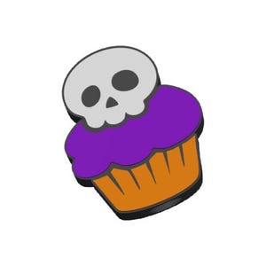 May include: A cartoon cupcake with a gray skull on top of purple frosting. The cupcake has an orange base with a black outline, set against a white background. A fun, spooky design.