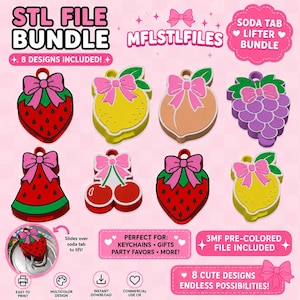 May include: A collection of STL files for soda tab lifters, showcasing eight vibrant fruit designs with pink bows. The designs include a strawberry, lemon, peach, grapes, watermelon, cherries, and more. Text includes "STL FILE BUNDLE" and "MFLSTLFILES".