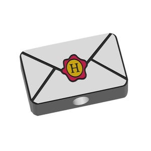 May include: A rectangular, gray box with a white envelope design. The envelope has black lines and a red and yellow seal with the letter "H". The box has a hole on one side.