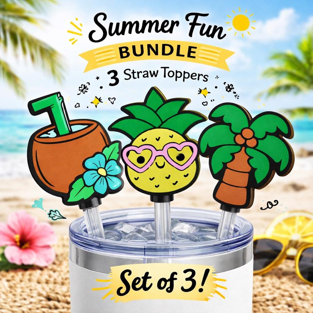 Summer Fun Straw Toppers Bundle: Pineapple, Coconut, Palm Tree (3 STL ...