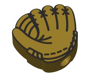 Może przedstawiać: Kreskówkowa rękawica do baseballu w odcieniach brązu i czerni. Rękawica ma szczegółowe szwy i otwory na palce, z okrągłym otworem u podstawy. Projekt jest prosty, z efektem 3D, na białym tle.