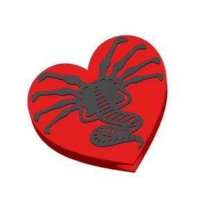 May include: A red heart-shaped design with a black alien-like creature in the center. The creature has a segmented body and multiple legs. The design is on a white background.
