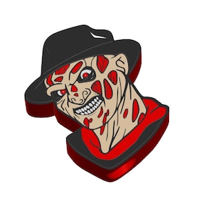 Op de afbeelding: Een gestileerde illustratie van een horrorfilmkarakter met een zwarte hoed en een rood en bruin gezicht. Het personage heeft een sinistere grijns en rode ogen, met een rode en zwarte omtrek.