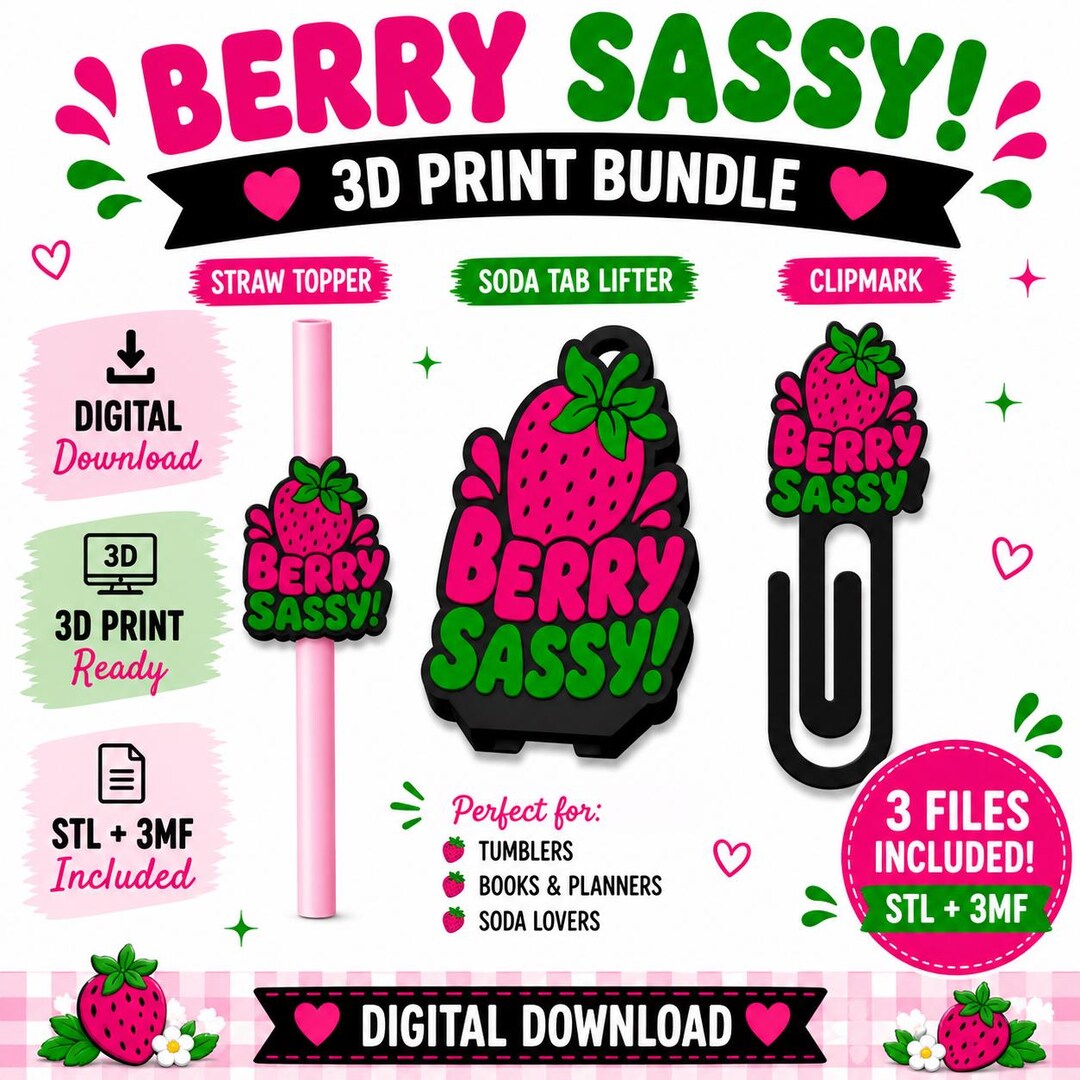 Berry Sassy 3D Print Bundle STL File Download, Strawberry Straw Topper ...