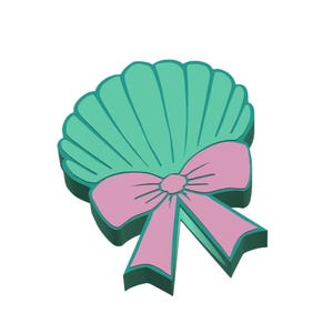 May include: A teal seashell design with a pink bow. The seashell has a scalloped edge and is shaded to give a 3D effect. The bow is a light pink with a darker pink outline.