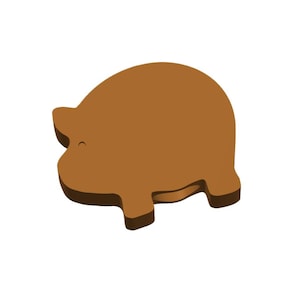 May include: A brown, cartoon pig illustration with a rounded body and small legs. The pig has a small, curved smile. The design is simple and playful, set against a white background.