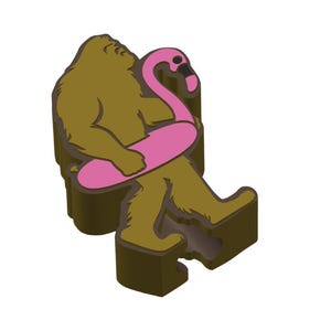 May include: A brown Bigfoot figure with a pink flamingo pool float. The Bigfoot is sitting down and holding the float. The image has a cartoon style and is set against a white background.