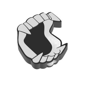 May include: A stylized, three-dimensional graphic of a set of vampire fangs. The fangs are white with a dark gray outline, and the inside of the mouth is black. The image is set against a white background.