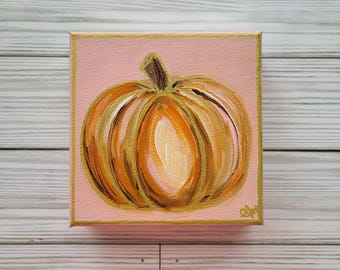 Mini Pumpkin Painting in Pink: Original Acrylic Fall Decor, 5x5 Canvas