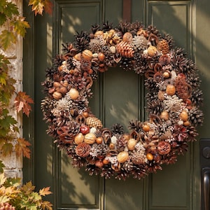 Ghirlanda di pigne assortita, decorazioni naturali autunnali per la foresta, ghirlanda autunnale/invernale, ghirlanda rustica da fattoria per la porta d'ingresso di Natale, decorazione per il camino.