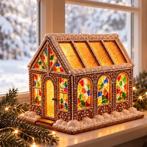 May include: A gingerbread house with a peaked roof and arched windows featuring stained glass-style colourful panels. The structure is decorated with white icing details and sits on a base resembling snow, illuminated from within by a warm light.