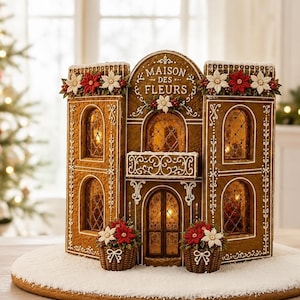 May include: A gingerbread house decoration labeled Maison des Fleurs with white icing details, arched windows, and a central balcony. It features red and white poinsettia accents and two small baskets of flowers at the base, all set on a snowy circular base.