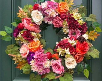 Large Fall Wreath 25 Floral Front Door  Thanksgiving Wreath Everyday Hydrangea  Williamsburg Style Farmhouse Autumn Gift
