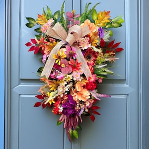 Large Fall Floral Swag with bow Autumn Wildflower Teardrop Swag Thanksgiving decor Farmhouse Colorful Autumn Wreath Pumpkin Hydrangea Swag