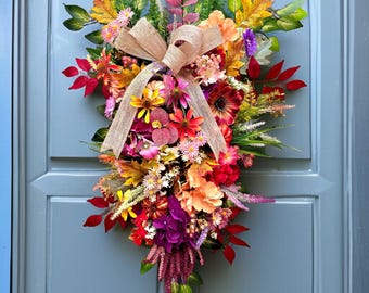 Large Fall Pumpkin Hydrangea Swag with bow. Autumn Teardrop Thanksgiving wreath