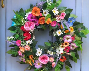 Colorful Spring Wreath Mother's Day Wreath Summer Wildflower Front Door Wreath Rainbow Farmhouse decor  Everyday Rustic Wreath Year Round