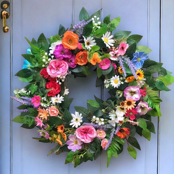 Colorful Spring Wreath Mother's Day Wreath Summer Wildflower Front Door Wreath Rainbow Farmhouse decor  Everyday Rustic Wreath Year Round
