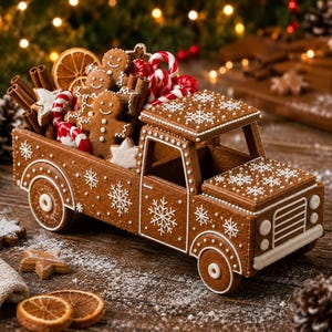 Peut inclure: Un camion en pain d'épices décoré de flocons de neige et de points en glaçage blanc. La benne du camion est remplie de bonshommes en pain d'épices, de bâtons de cannelle, de sucres d'orge, d'étoiles et de tranches d'orange séchées.