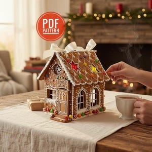Może przedstawiać: Piernikowy domek z białymi lukrowymi detalami, kolorowymi cukierkami i białą kokardą. Dom ma znak z napisem "Santa's Bakery". Ikona wzoru PDF znajduje się w lewym górnym rogu. Dom stoi na stole.