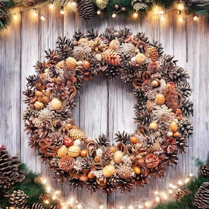 Pinecone Wreath Assorted Natural Autumn Forest decor Fall Winter Wreath Rustic Farmhouse Christmas Front Door Wreath Mantle Decor