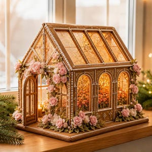 May include: A gingerbread greenhouse structure featuring arched windows, a peaked roof, and an open door. The exterior is decorated with edible pink roses and white icing details. The interior is illuminated with warm light, revealing small flowers.