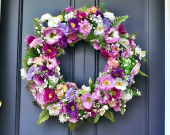 Colorful Spring Rustic Wreath Mother's Day Wreath Summer Wildflower Wreath Front Door Farmhouse decor Everyday Pink Wreath Year Round Wreath