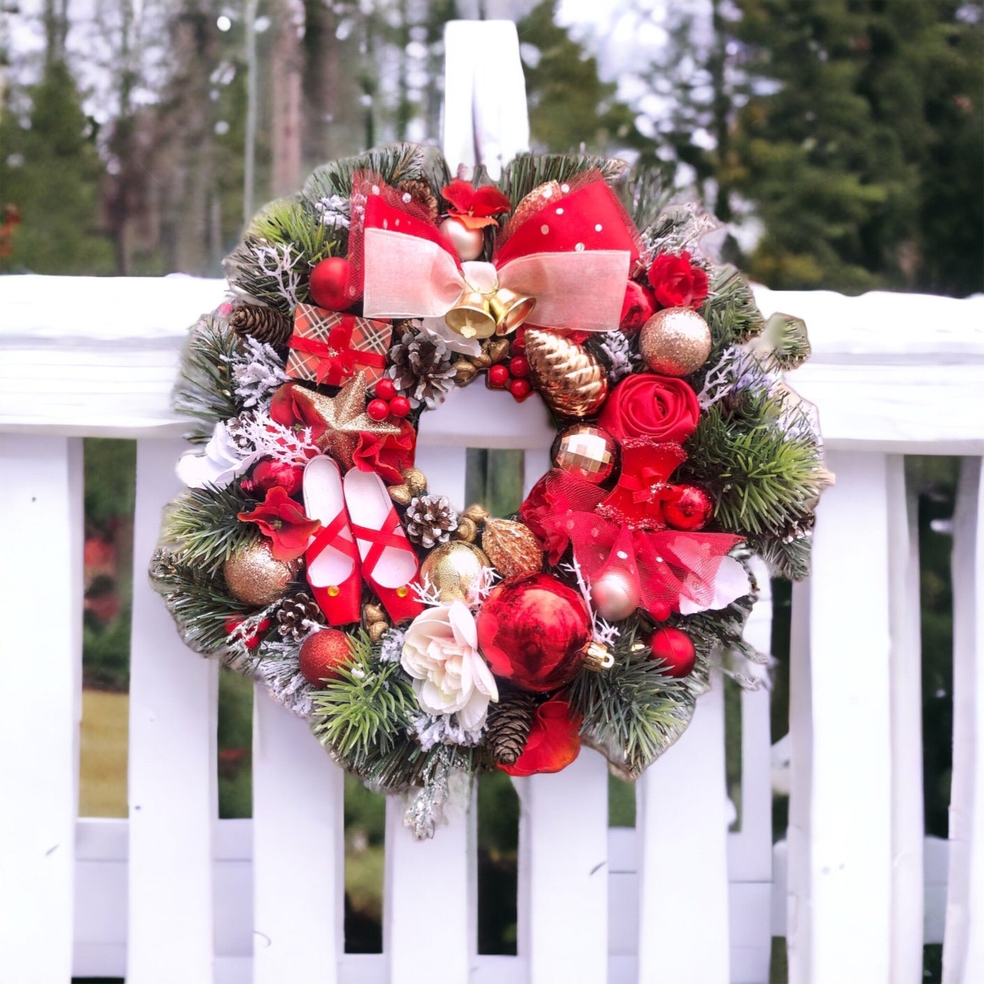 Christmas Holiday Wreath With Red, Gold Decor, Flowers, Pointe
