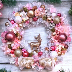 Luxury Christmas Wreath 18 Large advent wreath Winter Wreath Christmas Gift Rose Gold Wreath Front Door Decoration Ribbon Bow Deer