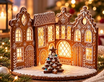 May include: A gingerbread house display featuring multiple connected facades with white icing details, illuminated windows, and a central gingerbread Christmas tree topped with a star, all set on a white icing-covered base.