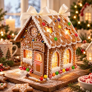 May include: A gingerbread house with a sign reading Santa's Bakery, decorated with white icing, colorful candy buttons, and two cream-colored ribbons on the roof. The structure features illuminated windows and star-shaped cutouts, resting on a wooden board.