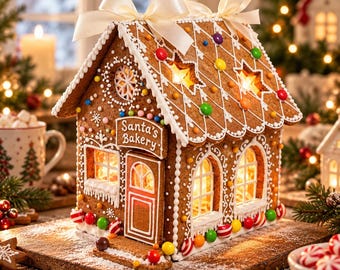 May include: A gingerbread house with a sign reading Santa's Bakery, decorated with white icing, colorful candy buttons, and two cream-colored ribbons on the roof. The structure features illuminated windows and star-shaped cutouts, resting on a wooden board.