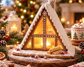 May include: A triangular gingerbread house with white icing trim, a chimney, and glowing interior light. The structure sits on a wooden board decorated with red berries and small cookies, featuring a snowflake design on the front gable.