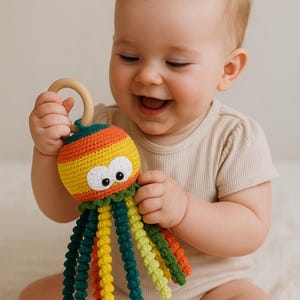 Crochet Jellyfish Rattle* Colorful Octopus Baby Toy* Soft Amigurumi Sea Animal* Baby Sensory Toy with Wooden Ring* Montessori Newborn Gift