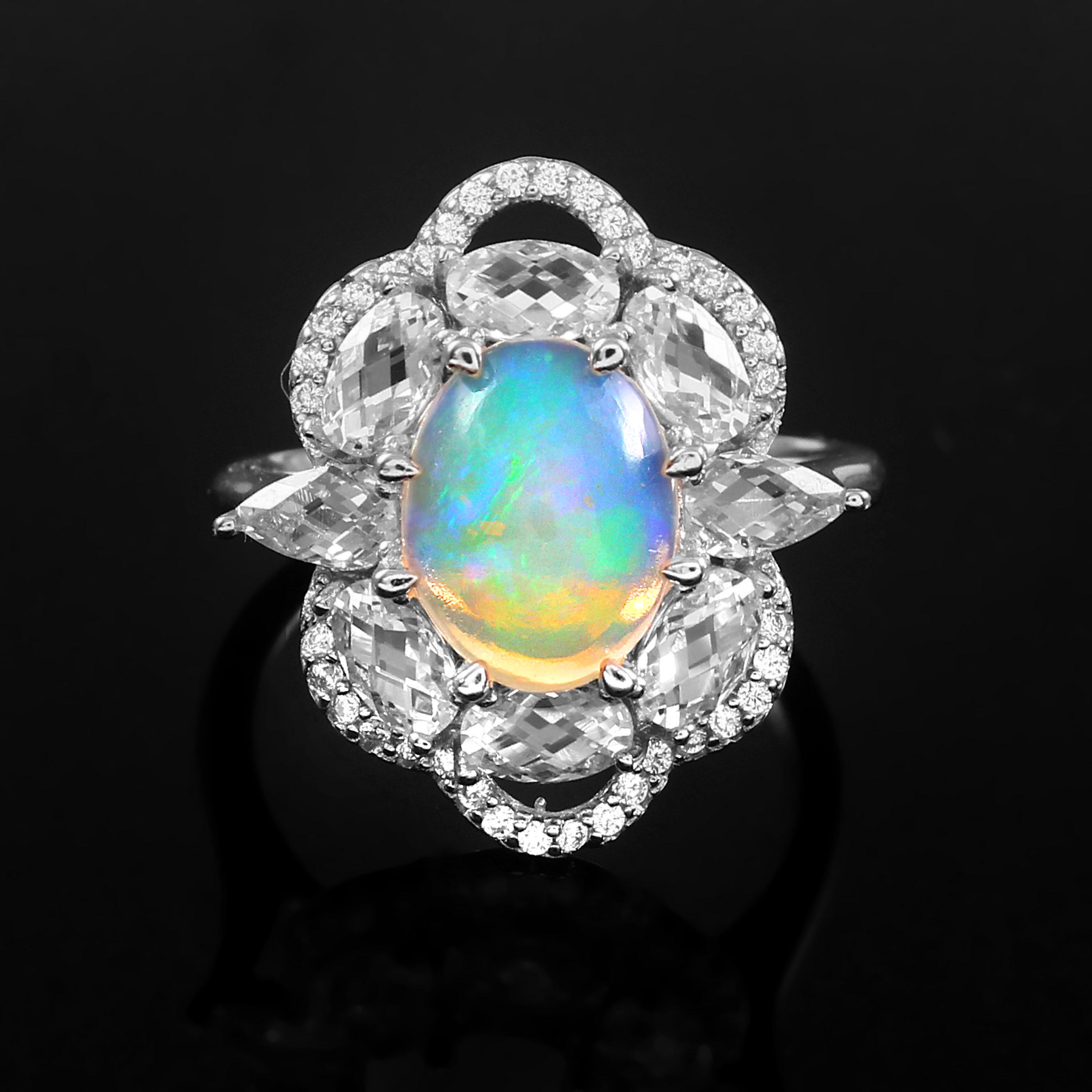 エチオピア産オパール＆モアッサナイトフラワーリング：スターリング