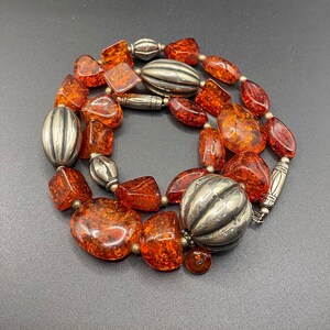 Handmade Amber & Sterling Silver Statement Necklace - Chunky Vintage Jewelry