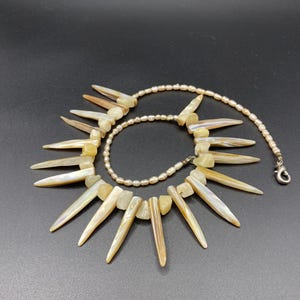 Natural Shell Spike Necklace – Statement Pearl Shell Jewelry, 18.5&quot; Handmade Beaded Necklace, Boho Beach Wedding Jewelry Gift