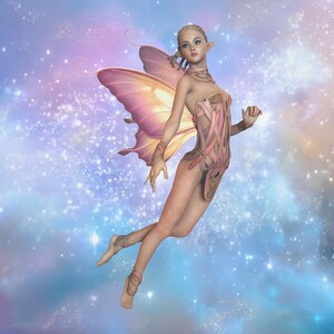 May include: A digital illustration of a fairy with pink and peach-colored wings, floating in a starry, pastel-colored galaxy. The fairy has pale skin, blonde hair, and is wearing a pink and peach-colored bodice.