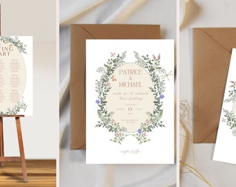 Classic Wildflower Floral Wedding Stationery Template Bundle featuring 16 Customizable Templates for all your wedding stationery needs