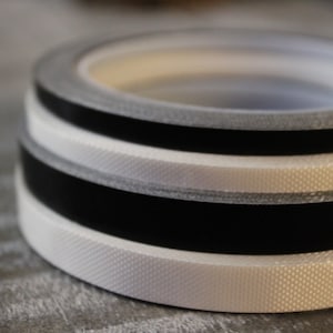 May include: Close-up of several rolls of decorative tape. Each roll features a black stripe between two white stripes. The white stripes have a textured, dotted pattern. The tape is likely used for crafts or decorative purposes.
