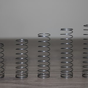 May include: Five silver metal springs of varying sizes. The springs are arranged in a row from smallest to largest.