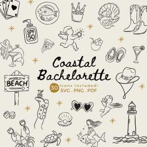 Clipart Coastal Bachelorette: Beach Party-pictogrammen, zeemeerminafbeeldingen (SVG, PNG, downloadbare pdf-bestanden)