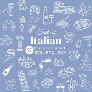 Whimsical Italian Dinner Party Clipart, Hand Drawn Food & Drink Icons, Mediterranean Doodle Party Invitation, Editable Canva Design SVG PNG