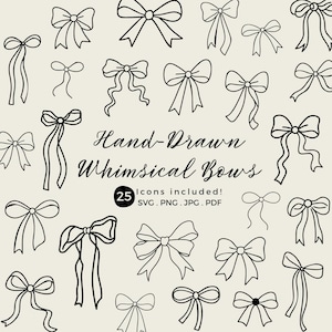Whimsical Hand Drawn Bow SVG Bundle, Ribbon Coquette Clipart PNG, Drawing Ribbon for Wedding, Baby shower, and Bridal Shower Invitations