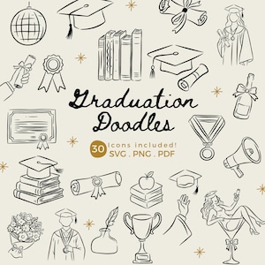 Whimsical Graduation SVG Bundle, Class of 2025 Doodles Diploma PNG, Graduation Cap Clipart, Invitation for University & Collage Grad Party