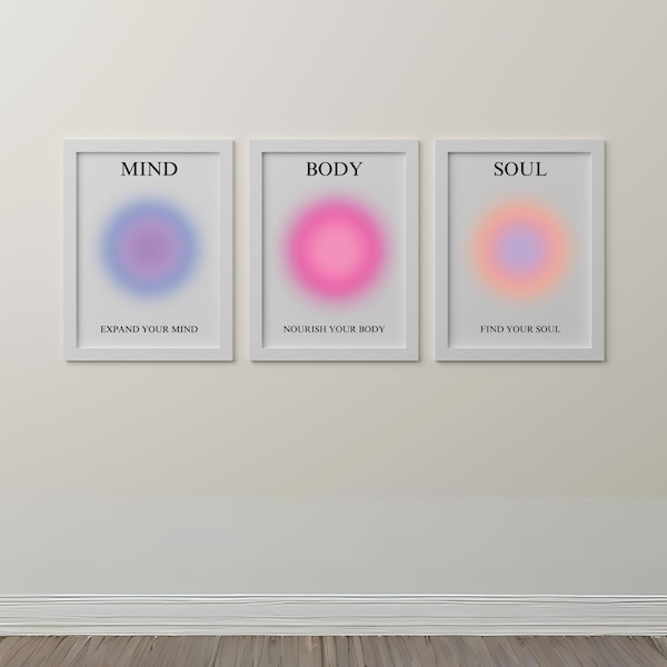 Poster Aura positive, cadeaux pour l'affirmation de l'esprit, du corps et de l'âme, méditation sur la croissance dégradée, lot de 3 oeuvres d'art murales manifeste, décoration de chambre esthétique tendance