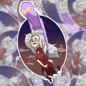 May include: A cartoon illustration of a woman with long white hair wearing a red dress and being lifted by a purple ghost. The background is a night sky with stars and clouds.