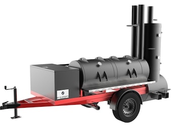 May include: A black smoker with a red trailer hitch and a black toolbox. The smoker has a tall chimney with three pipes and a large cooking chamber. The trailer has a single wheel on the right side.